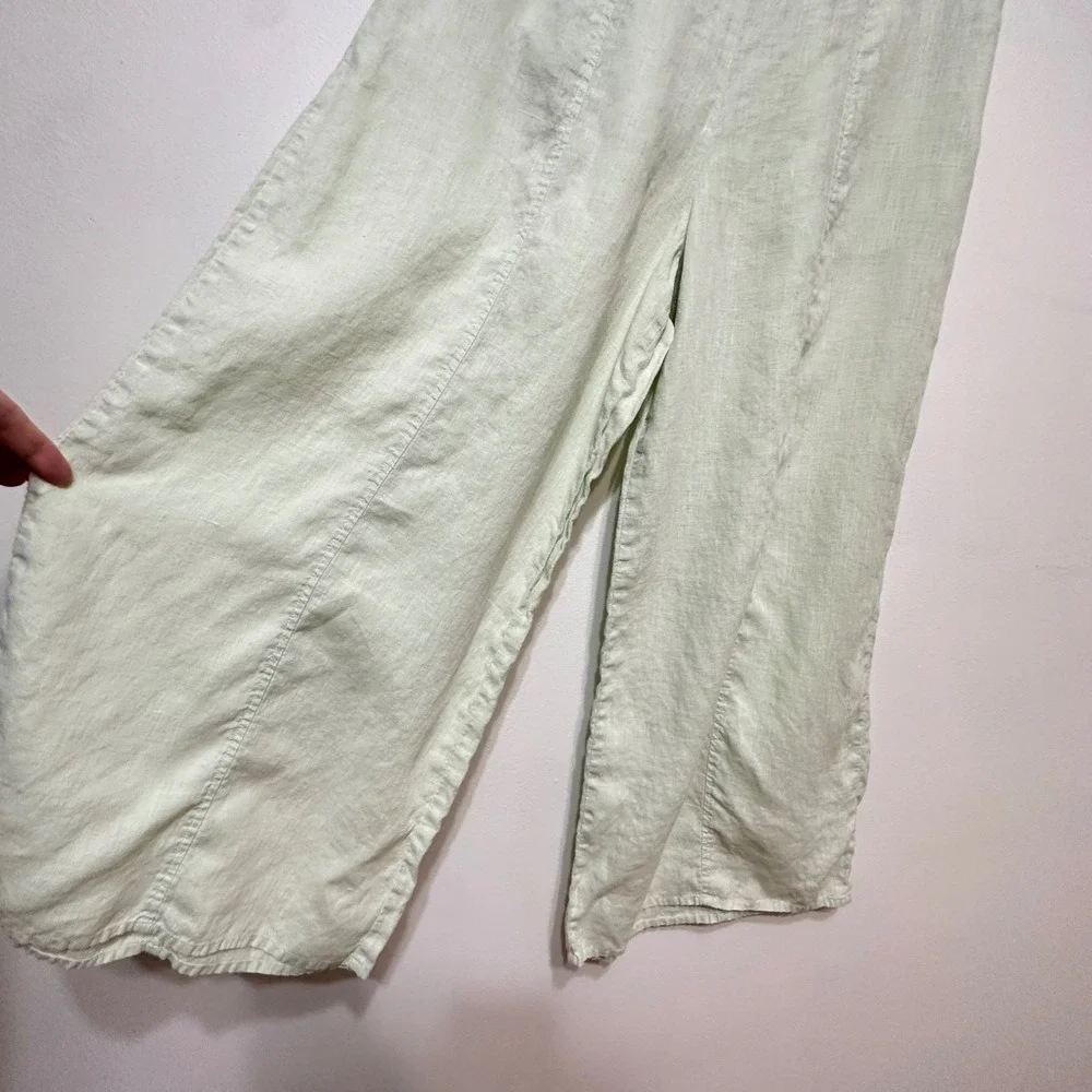 FLAX 100% Linen Wide Leg Pants Womens Small Mint Green Elastic Waist *Flaw